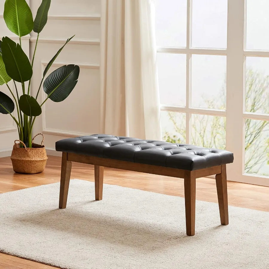 Black Leather Entryway Bench – Solid Wood Modern Hallway Bench