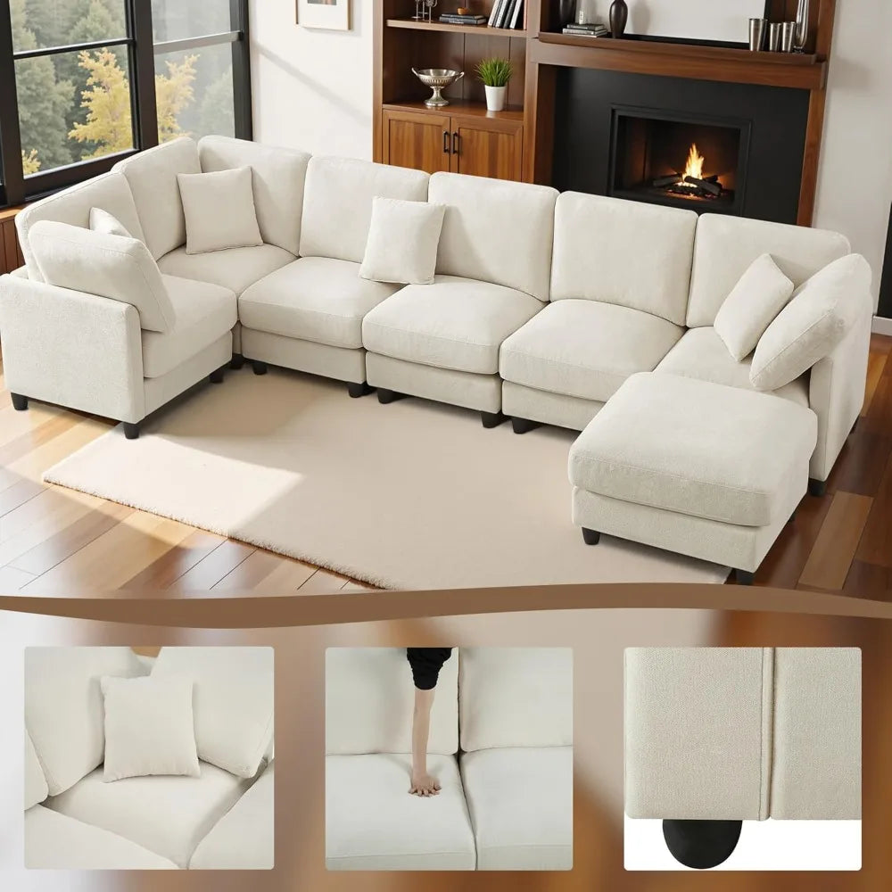 117" Modular Sectional Sofa,U-Shaped Chenille Sofa Couch with Movable Ottoman,Modern 7 Seat Cloud Sectional Couches