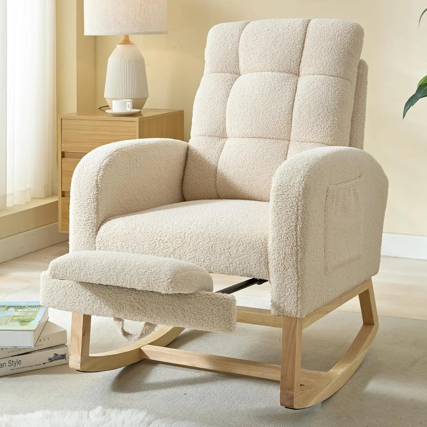 Modern Teddy Rocking Chair with Footrest & Side Pocket, Apricot Nursery Rocker for Living Room, Bedroom, Nursing Room