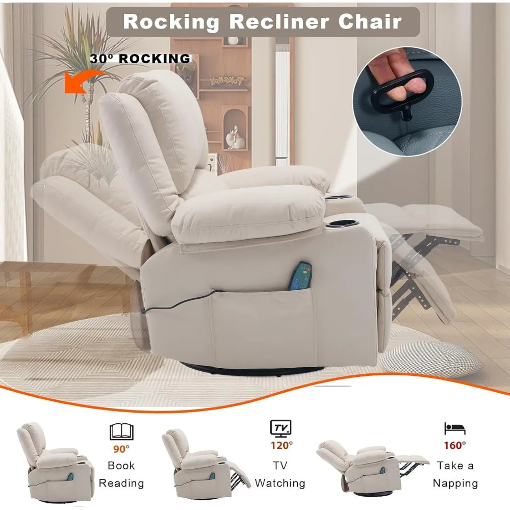 Leather Massage Recliner Chair with Heat Cup Holders for Adults, Thickly Padded Overstuffed Rocking Glider Chair, Swivel Rocker