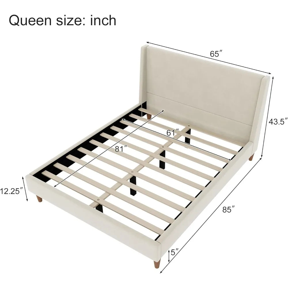 Queen Size Upholstered Platform Bed Frame – Modern Wingback Bed with Walnut Wooden Legs