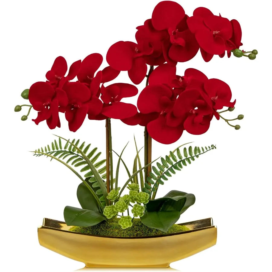 17 Silk Red Orchid Floral Arrangement with Gold Pot Real Touch Faux Orchid Plant for Home Office Room Kitchen Table Centerpiece