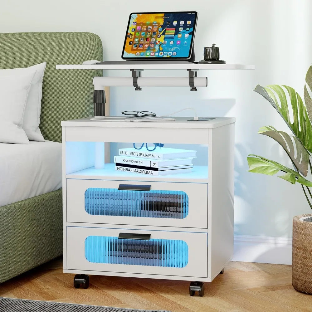 LED Nightstand with Wireless Charging Station, Bedroom Night Stand with Adjustable Rotary Study Table/Workable, Smart Bedside