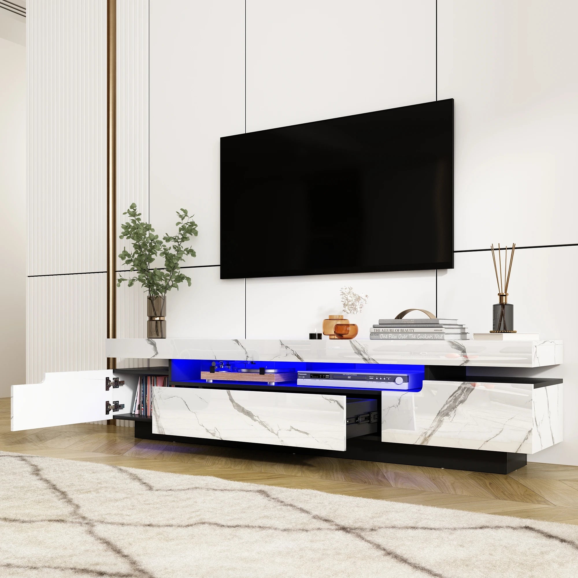 71In LED TV Stand for 75/80 Inch TV, Modern Gaming TV Cabinet for Living Room, High Gloss Entertainment Center with Storage