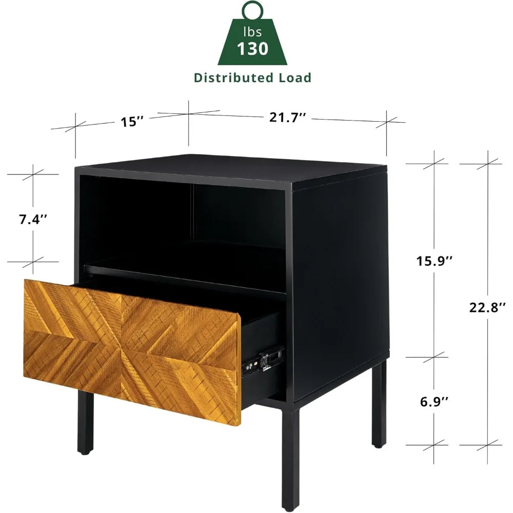 Rustic Herringbone Solid Wood Nightstand, Bedside Table for Easy Assembly in Traditional Bedroom Decor