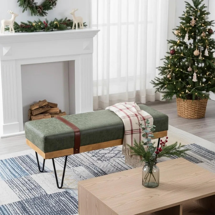 Green PU Leather Storage Ottoman Bench – 44″ with Industrial Hairpin Legs