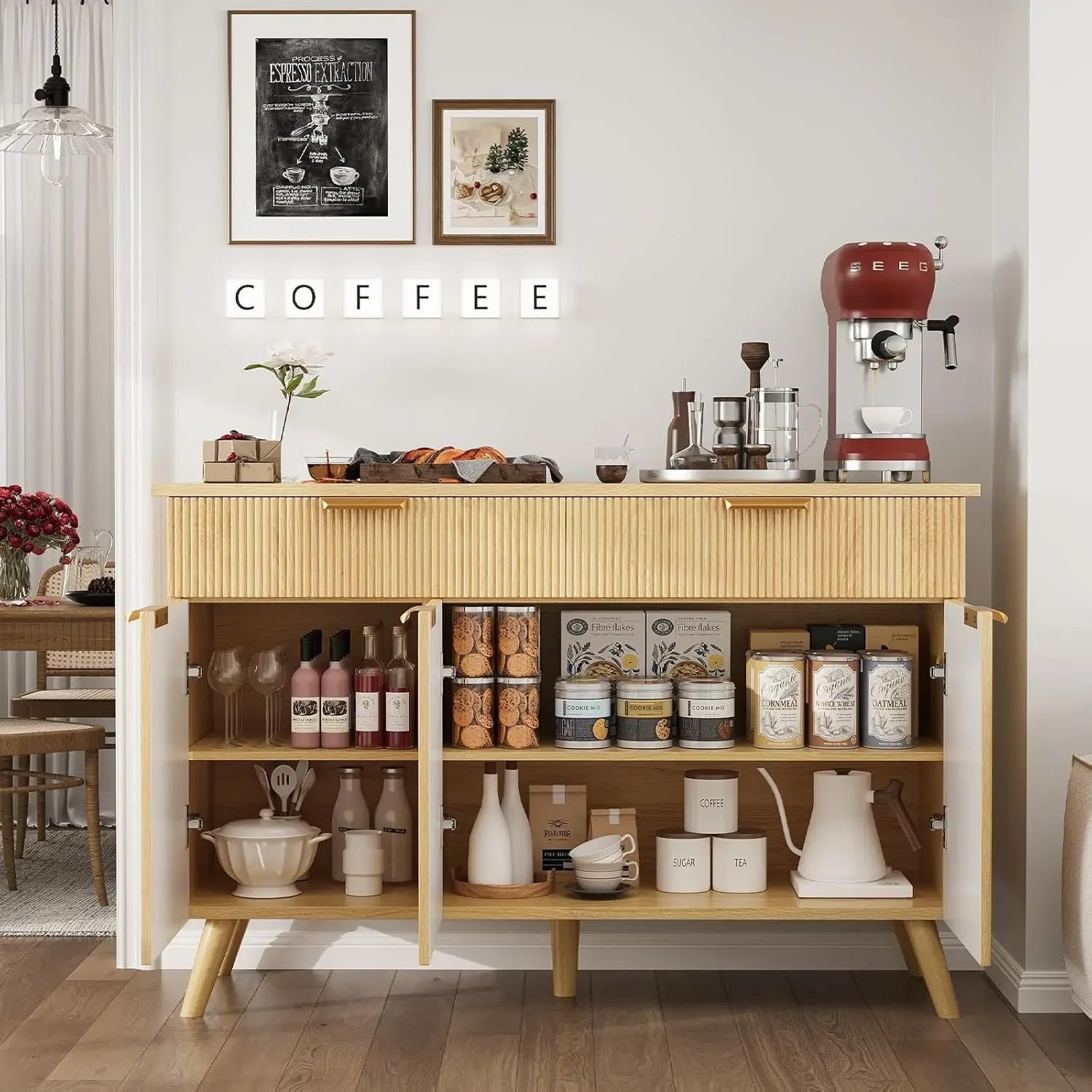 Large Coffee Bar Fluted Sideboard Buffet Cabinet Storage 2 Drawers Large Sideboard Cabinet Storages Geometric Pattern Furniture