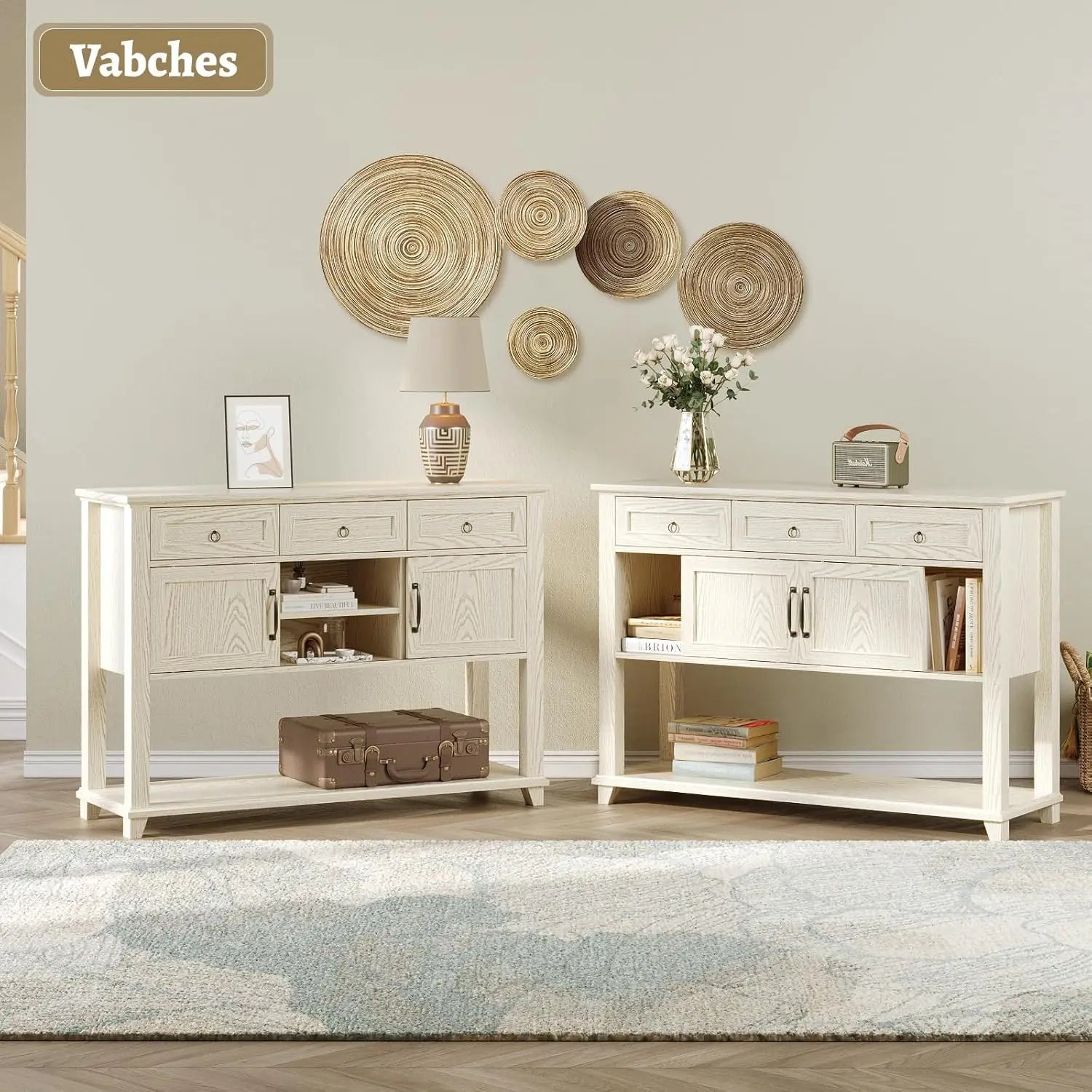 Vabches Console Table for Hallway Wood Entryway Table with 3 Storage Drawer&Sliding Barn Doors 47'' W Console Table for Entryway