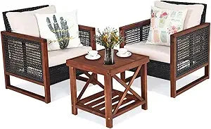 Patio Rattan Furniture Set with Washable Cushions and Acacia Wood Coffee Table for Outdoor Conversations