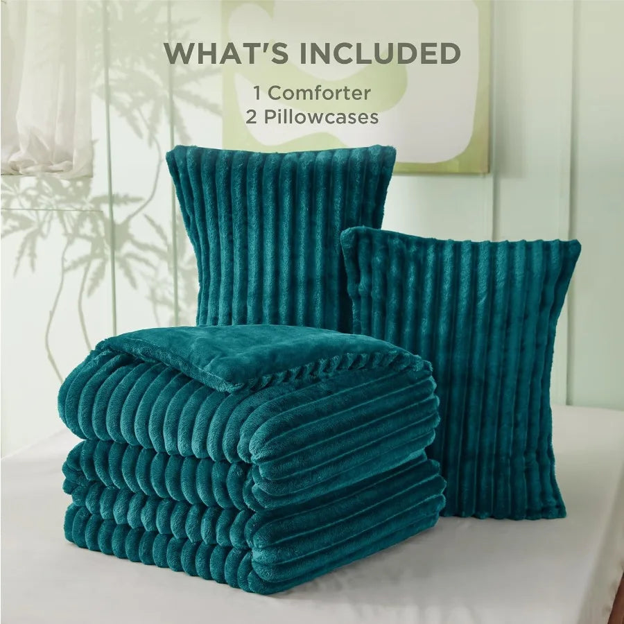 King Size Fluffy Comforter Set - Super Soft Teal Faux Fur Bedding Warm Plush Fleece Winter 3-Piece Set with Shaggy Fuzzy All Se