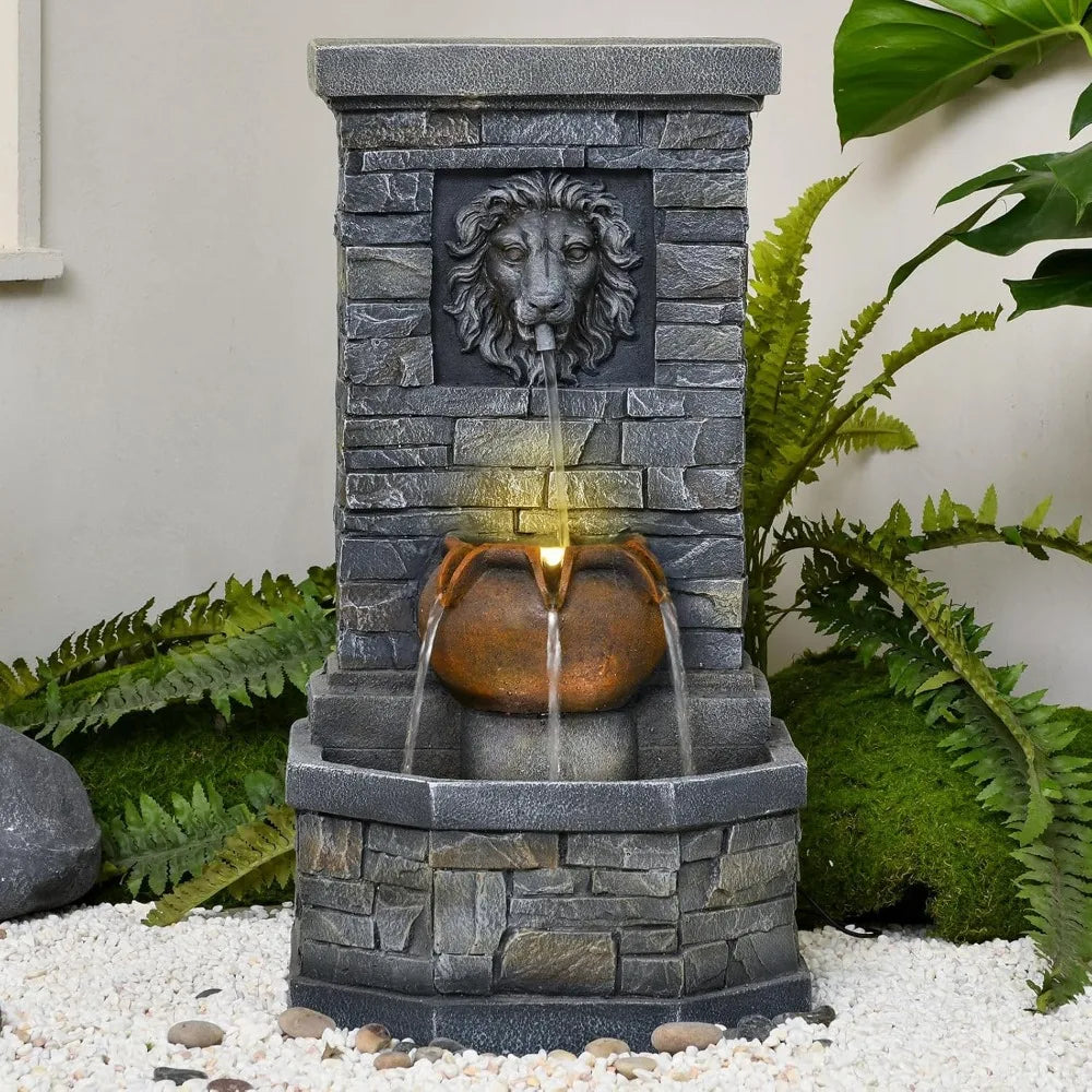 Outdoor Garden Floor-Standing Water Fountain Lion Head Stone with Lights Outdoor Waterfall for Patio, Backyard, Deck, Po