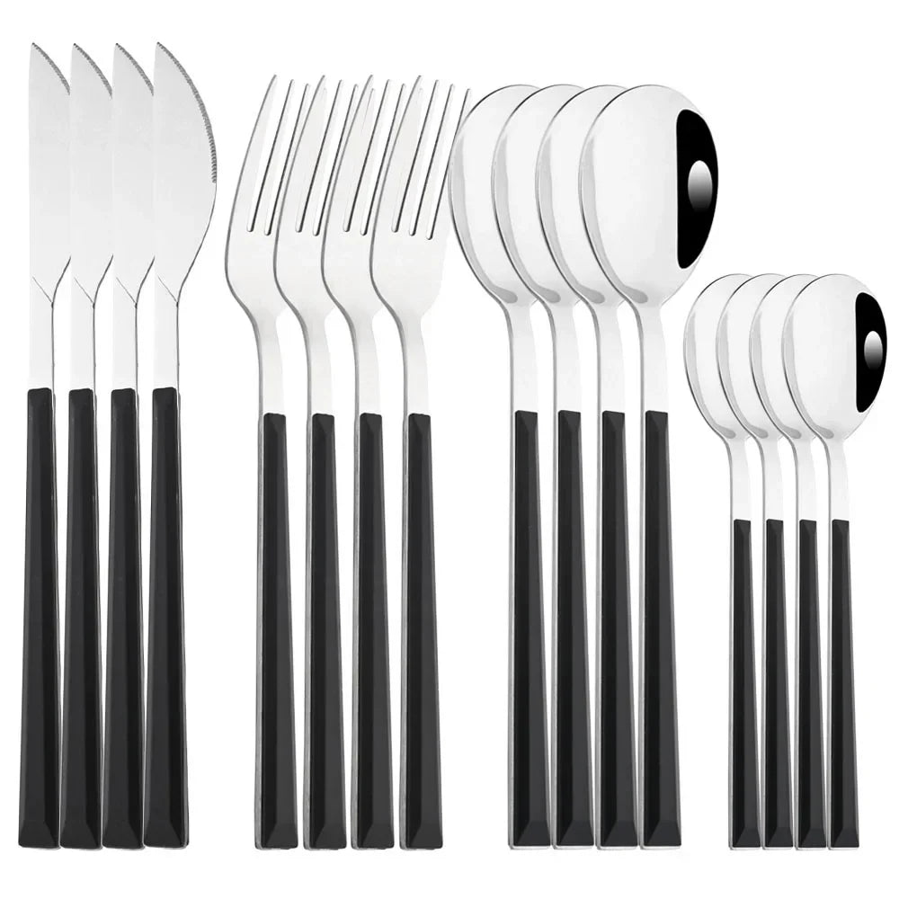 16Pcs Stainless Steel Cutlery Set Imitation Wooden Handle Western Tableware Brown Silver Knife Fork Spoon Kitchen Dinnerware Set