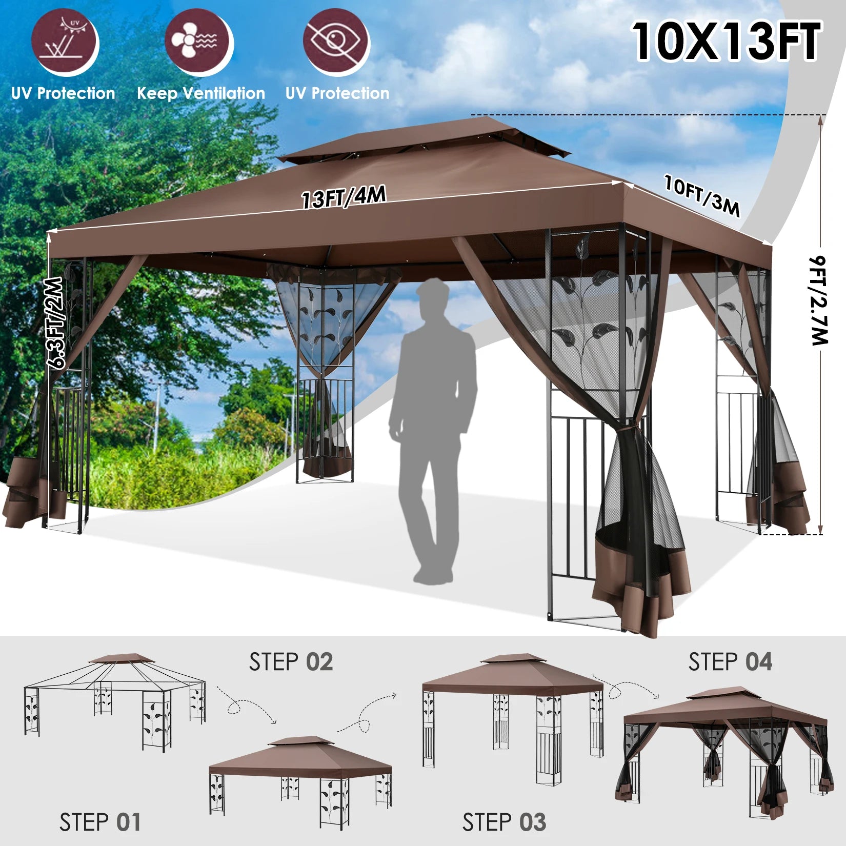 10x13 Outdoor Gazebo on Clearance with Mosquito Netting and Ventilated Double Flat Roof,All Weather for Patio,Backyard,Garden