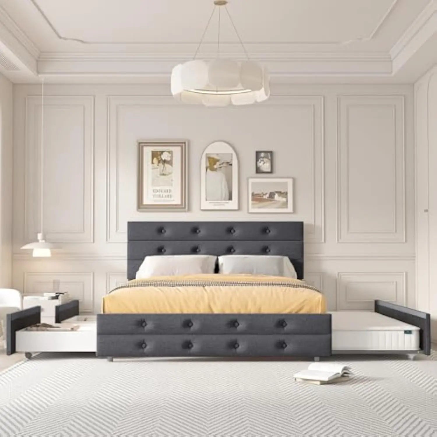 Upholstered Queen Size Platform Bed Frame with Storage Drawers & Trundle – Button Tufted Headboard