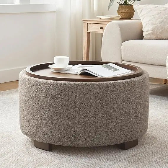 30” Round Boucle Storage Ottoman – Lift-Off Lid Coffee Table with Solid Wood Legs