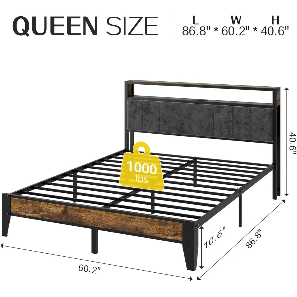 Metal Queen Bed Frame with LED Headboard – 2-Tier Storage & Type-C Charging Station