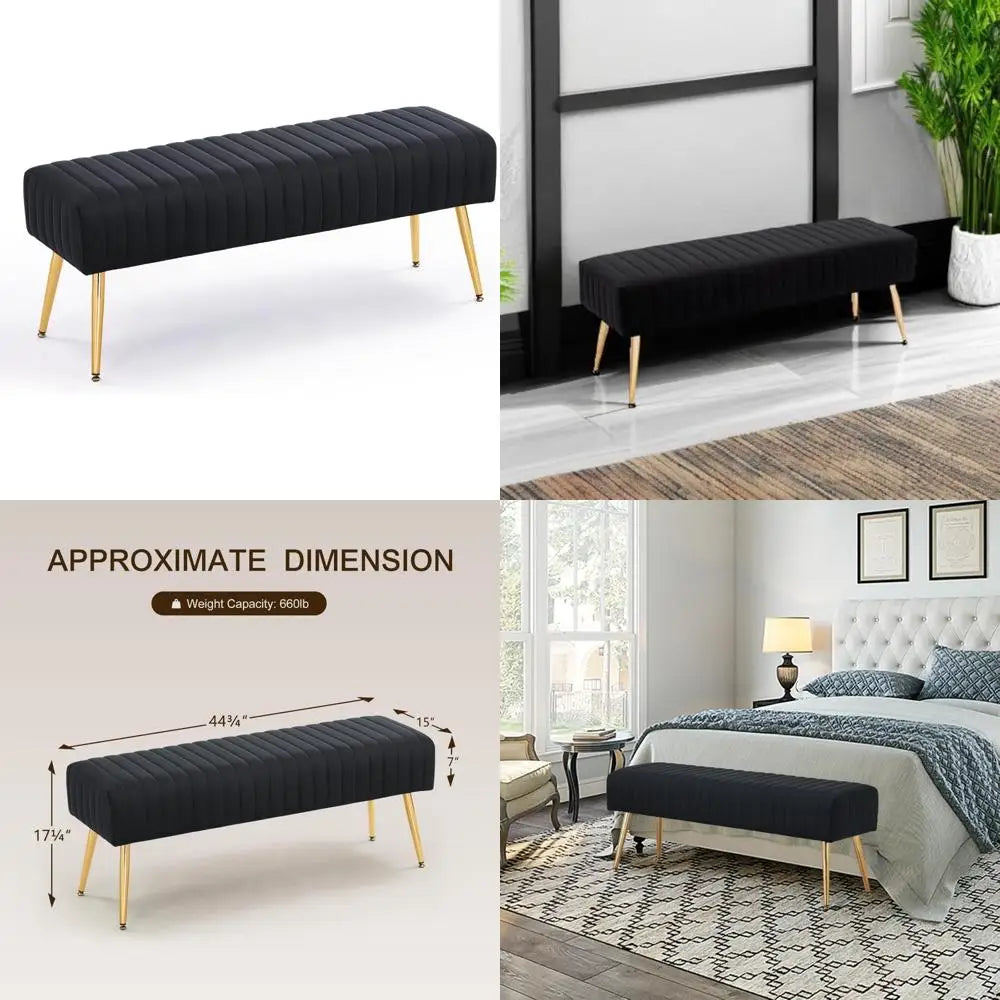 Black Upholstered Ottoman Bench – 44″ with Gold Legs