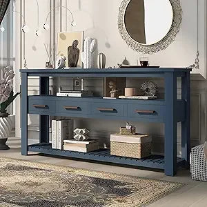 Navy Blue Merax Slim Wood Console Table with Drawers and Lower Shelf for Entryway and Hallway