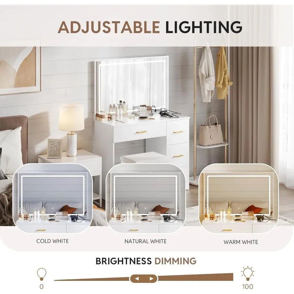 Modern White Makeup Vanity Set with LED Mirror Charging Station 4 Drawers Storage Stool 3-Foot Bedroom Desk