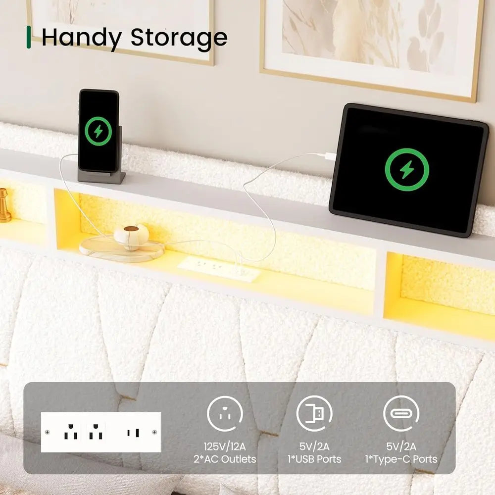 King Size Upholstered Bed Frame with 4 Storage Drawers – Bouclé Headboard, LED Lights & Charging Station