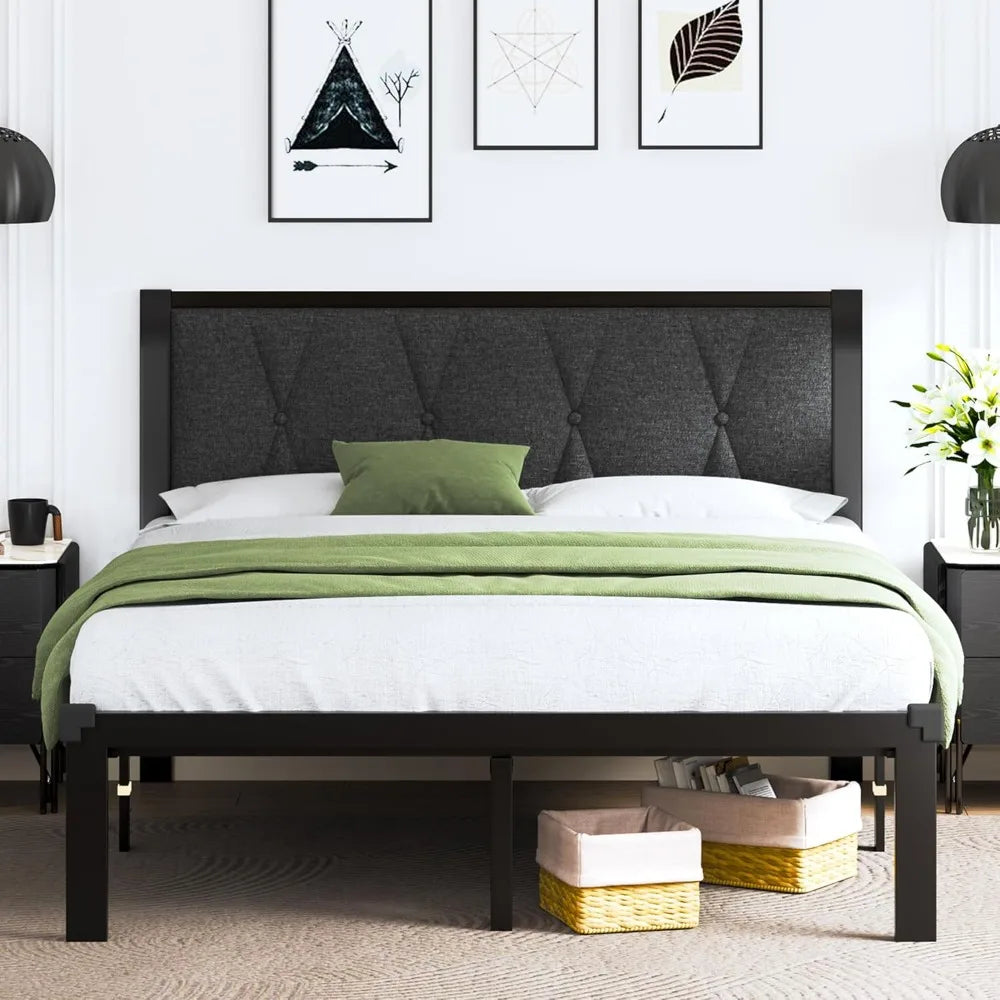 Queen Metal Bed Frame with Fabric Button-Tufted Headboard – 12″ Underbed Storage