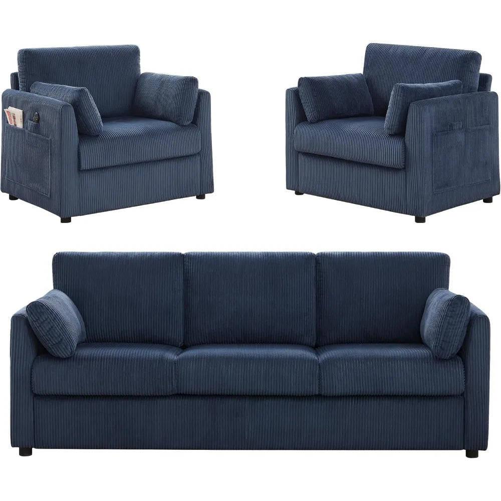 Modern Corduroy Accent Chair – 38″ Comfy Armchair with Pillows & Side Pockets