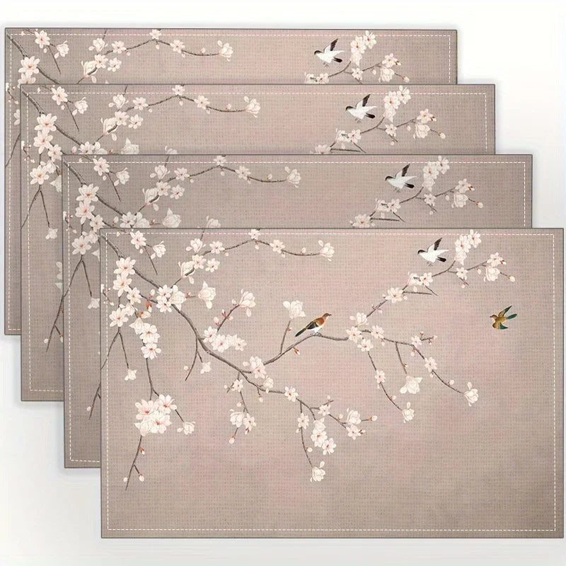 1PC Cherry Blossom Table Mats Vibrant Pink Sakura Branches With Birds Design, Durable Linen Woven Material, Perfect