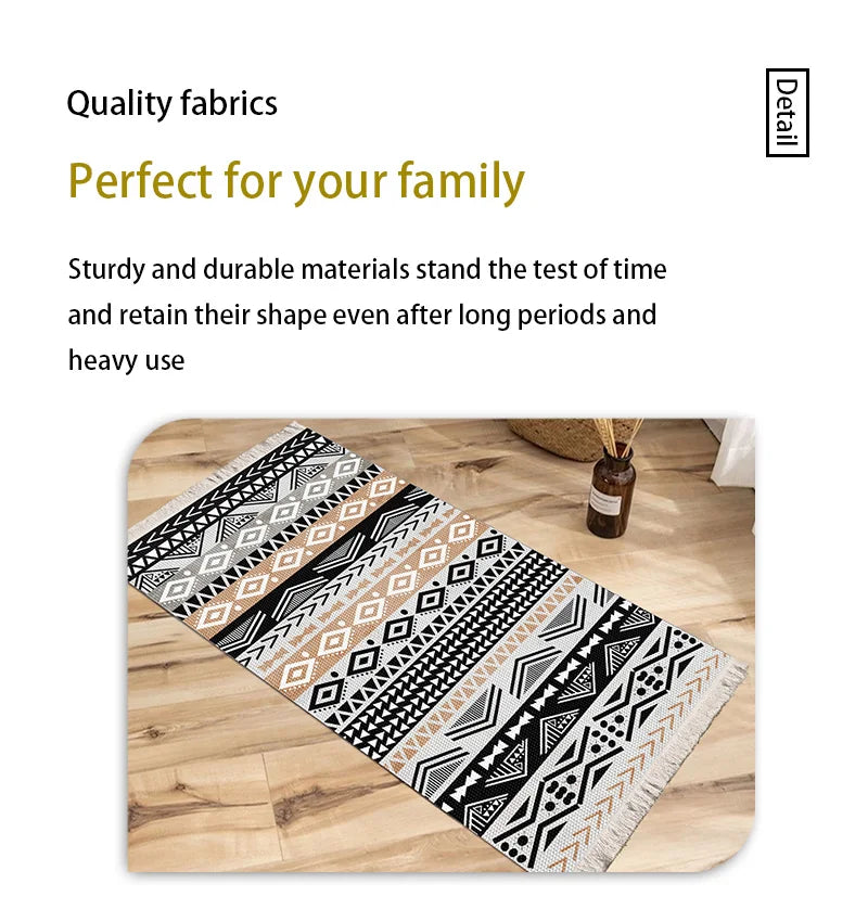 Woven Carpet Floor Mat – Black & Yellow Exotic Print with Tassels