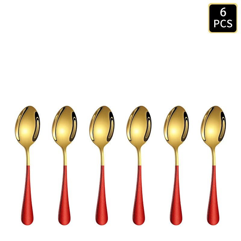 4/6/16/24pcs Gold red stainless steel cutlery 1010 round handle knife, fork and spoon household cutlery set