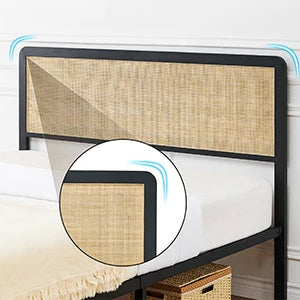 Metal Platform Bed Frame with Rattan Headboard & Footboard – Rounded Corners