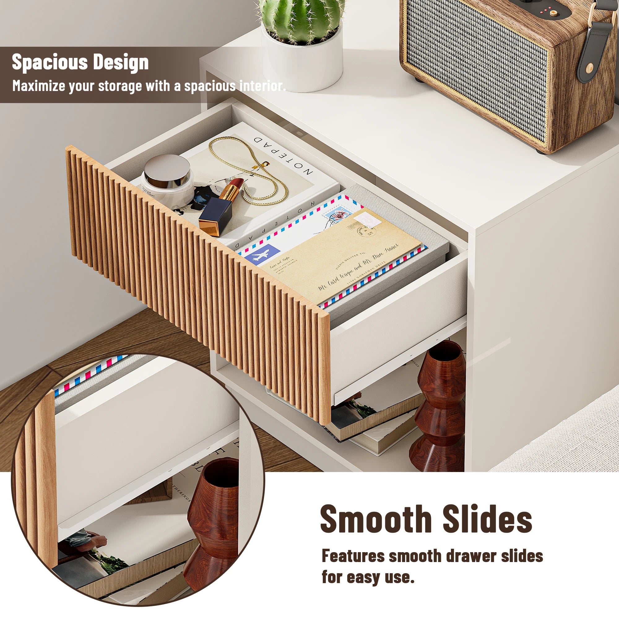 Fluted Nightstands Set Of 2, Modern Mid - Century Wood Bedside Table With Drawer & Open Storage Shelf, End Table For Bedroom, Li