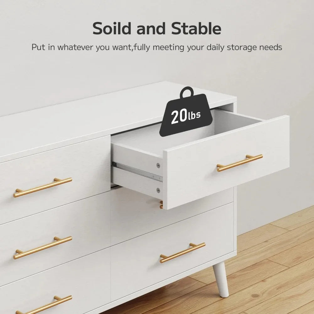 6 Drawer Dresser, Gold Metal Handle, Double Layer Wooden Storage Cabinet for Bedroom Living Room, White