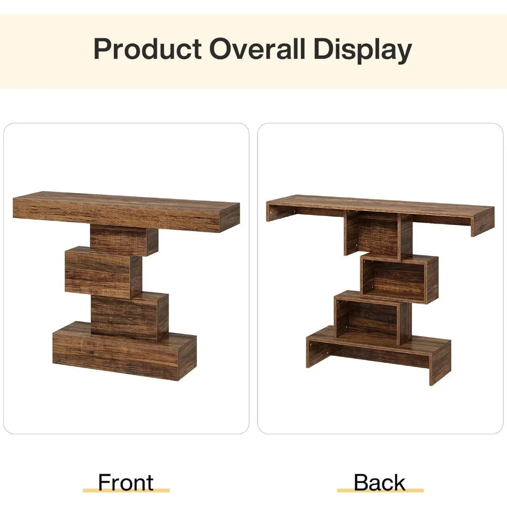 42.5 Farmhouse Console Table, Narrow Wood Sofa Table Behind Couch with Geometric Base, Industrial Entryway Accent Tab