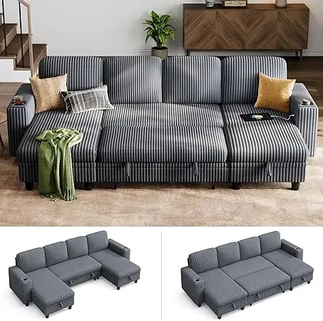 Sectional Sleeper Sofa with Pull Out Couch Bed - Convertible Plush Corduroy Cloud Couch with Storage Chaise & USB Charging, Com