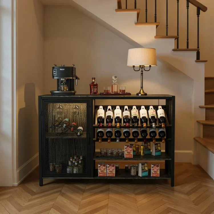 Wooden Wine Cabinet – Beverage Bar Cabinet with Mesh Storage