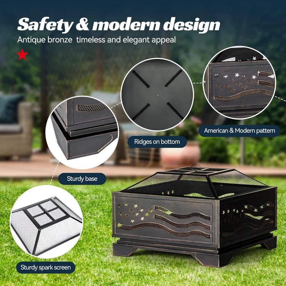 32Inch Square-Shaped Fire Pit,Outdoor Fire Pits with Spark Screen&Poker,Metal Square Wood Burning Firepits for Outside,Backyard,