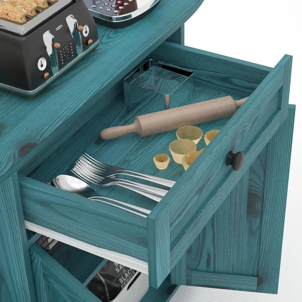 vintage blue freestanding sideboard with buffet cabinet, power outlet, and coffee bar storage