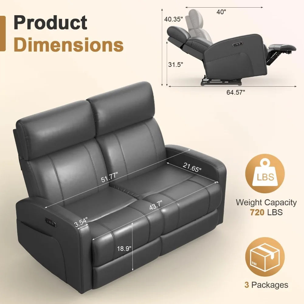Power Loveseat Recliner Sofa, Reclining Loveseat with Adjustable Headrest, Charging Ports & Side Pockets and Ergonomic Design, E