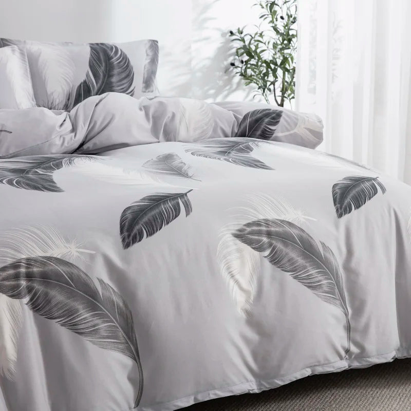 Grey Feather Duvet Cover Full Queen Bird Plume Boho Bedding Set Luxury Soft Reversible White Comforter Cover for Kids Girls Teen