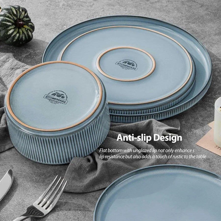 Dinnerware Stoneware Sets with Pasta Bowls 16 Piece Plates and Bowls Set for 4 Ribbed Dishes Set for Home Microwave and Dishwas