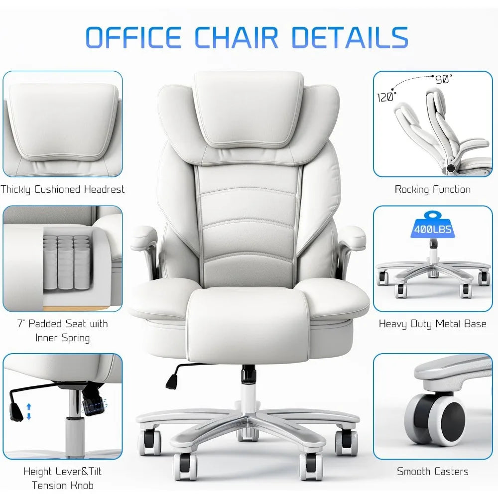 GYI Big and Tall Office Chair 400lb Wide Seat, Ergonomic High Back Leather Executive Desk Chair with Flip-up Arms, White
