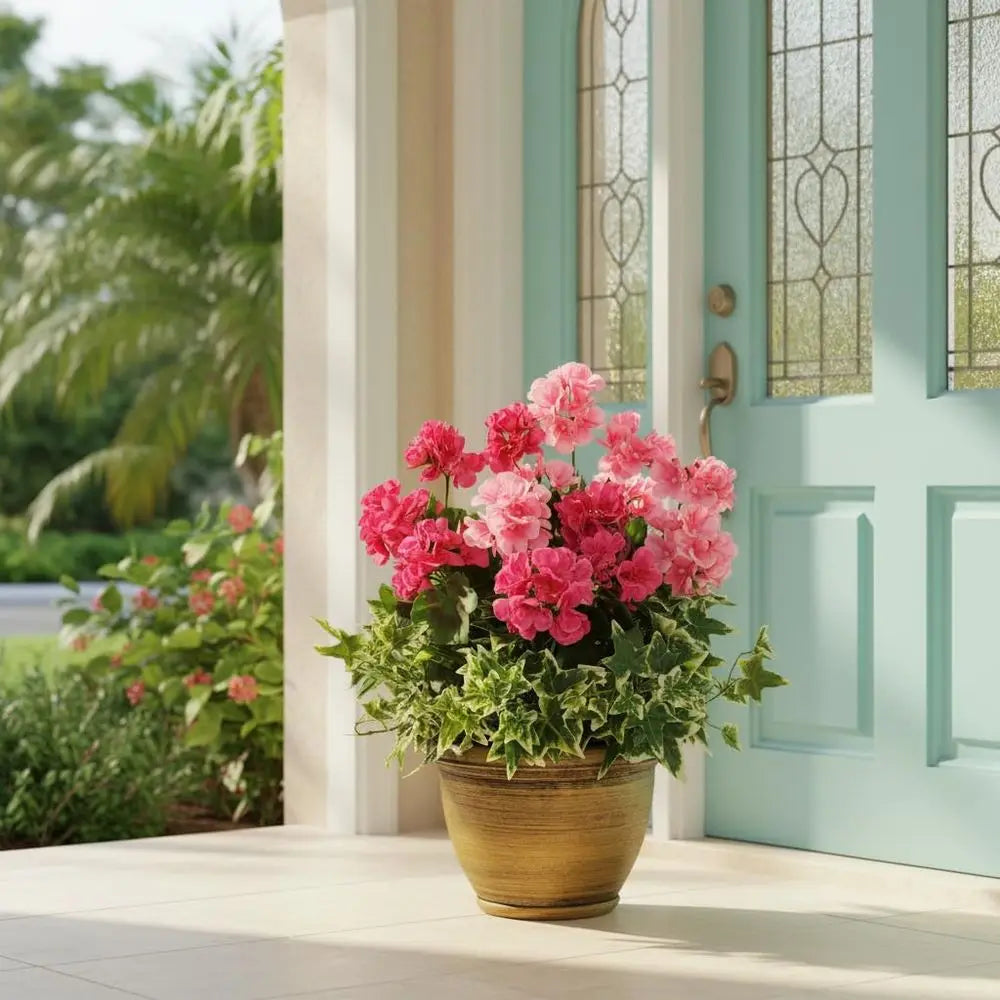 Pink Flowering Artificial Geranium Plant in Bronze Pot for Outdoor Porch and Patio Decor, Large Arrangement with Heavy Pot