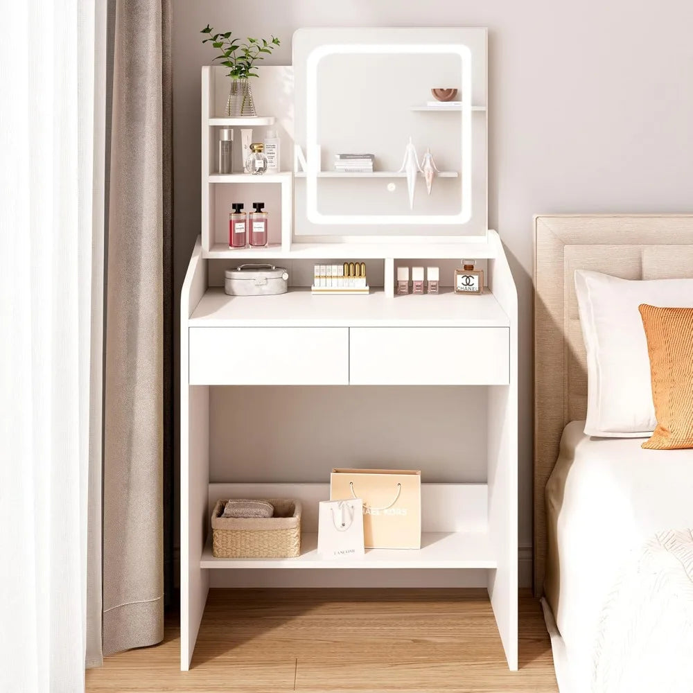 Vanity Desk with LED Mirror, Small Makeup Vanity with Open Shelves, Dressing Table for Bedroom, White
