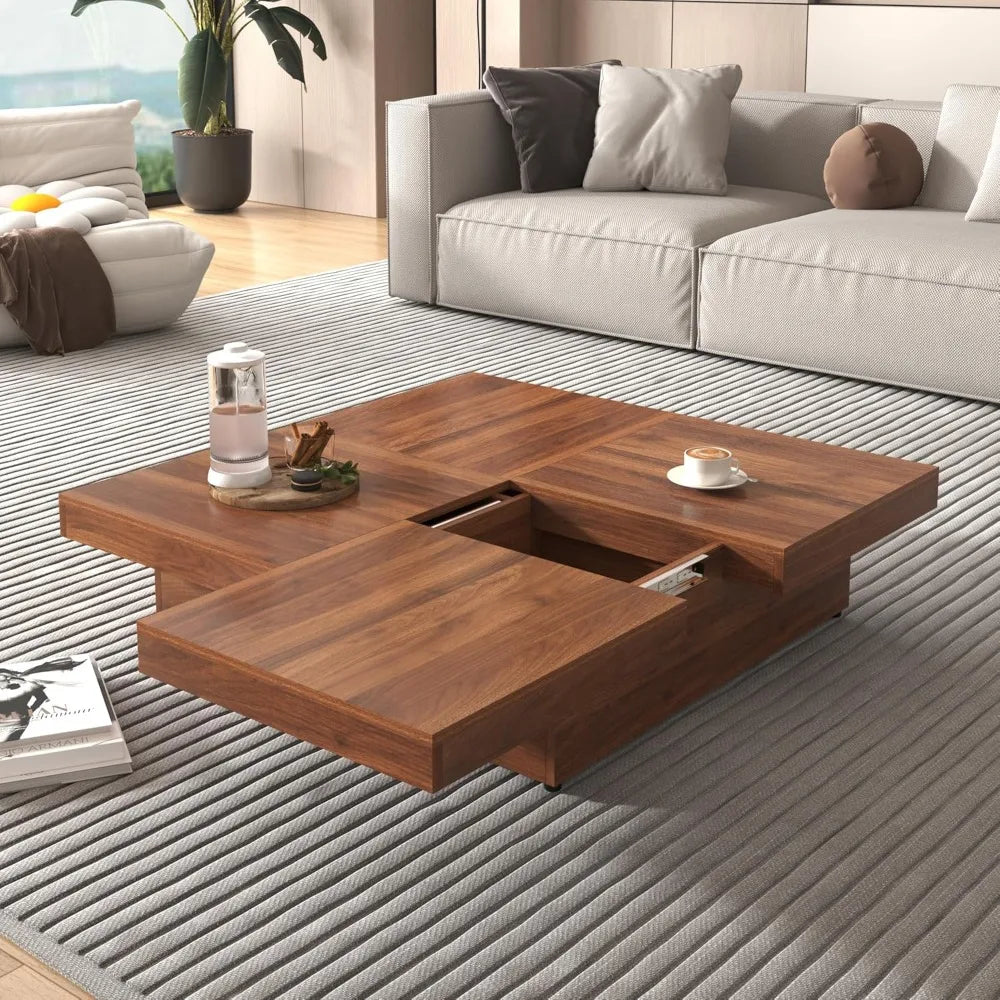 Modern Marble-Veneer Coffee Table with Sliding Top & Hidden Storage