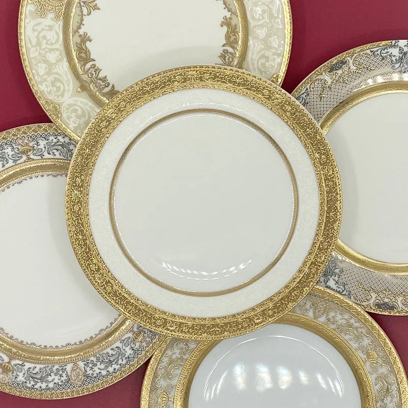 7″ Embossed Disc Bone Plate with Gold Edge – Light Luxury Dinner & Dessert Plate