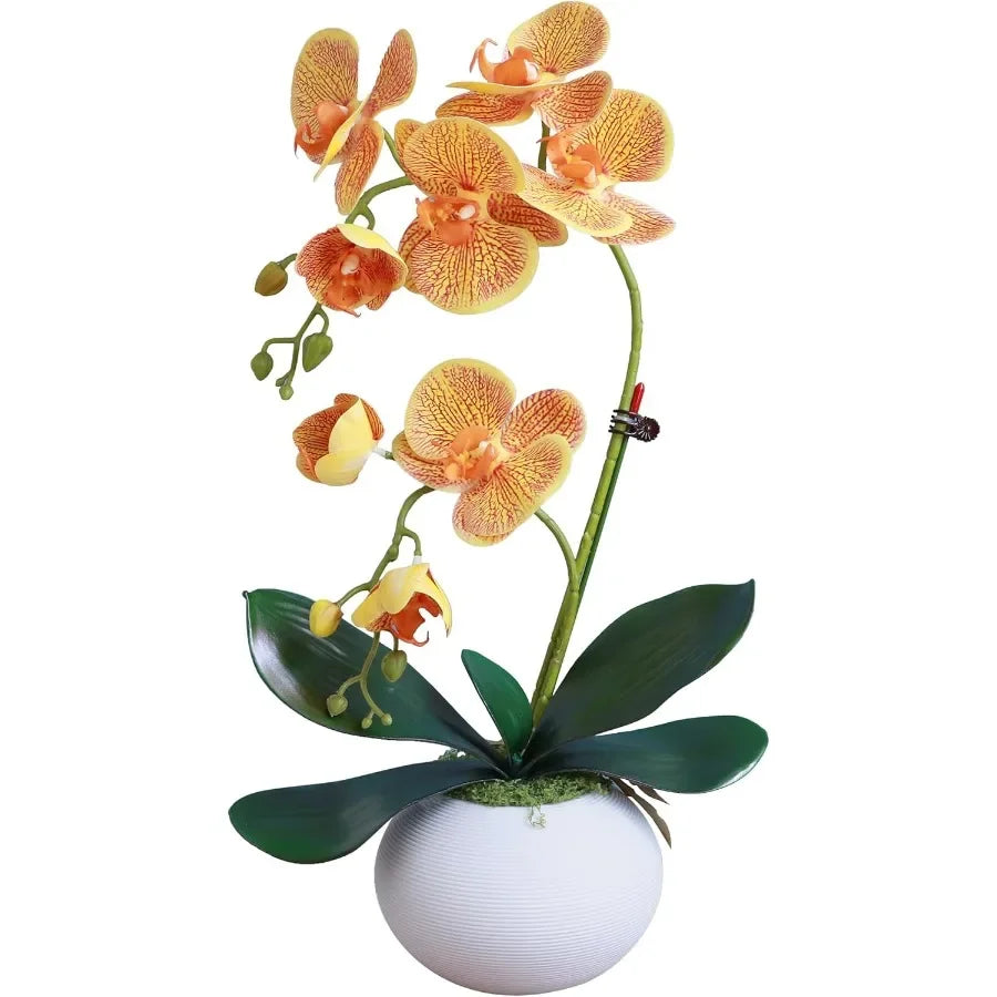 17 Lifelike Orange Artificial Orchids in Pot with Realistic Fake Orchid Arrangement in Vase Perfect for Indoor Home Decor Offic