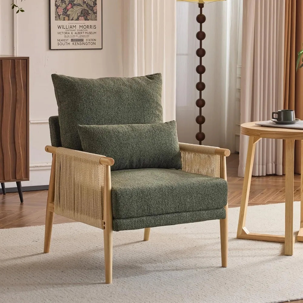 Boho Braid Accent Armchair – Mid-Century Modern Lounge Chair with Waist Pillow