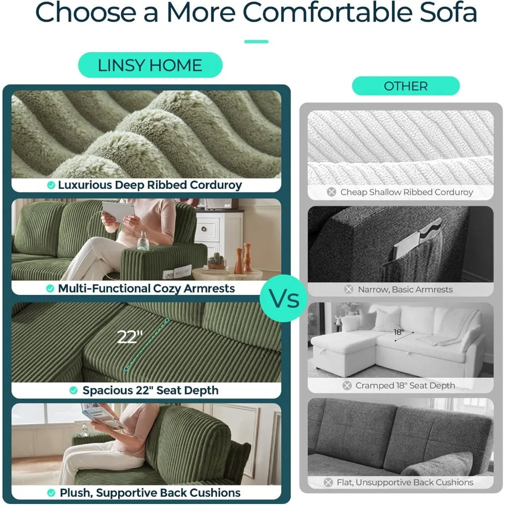 Sectional Sleeper Sofa with Pull Out Couch Bed - Convertible Plush Corduroy Cloud Couch with Storage Chaise & USB Charging, Com