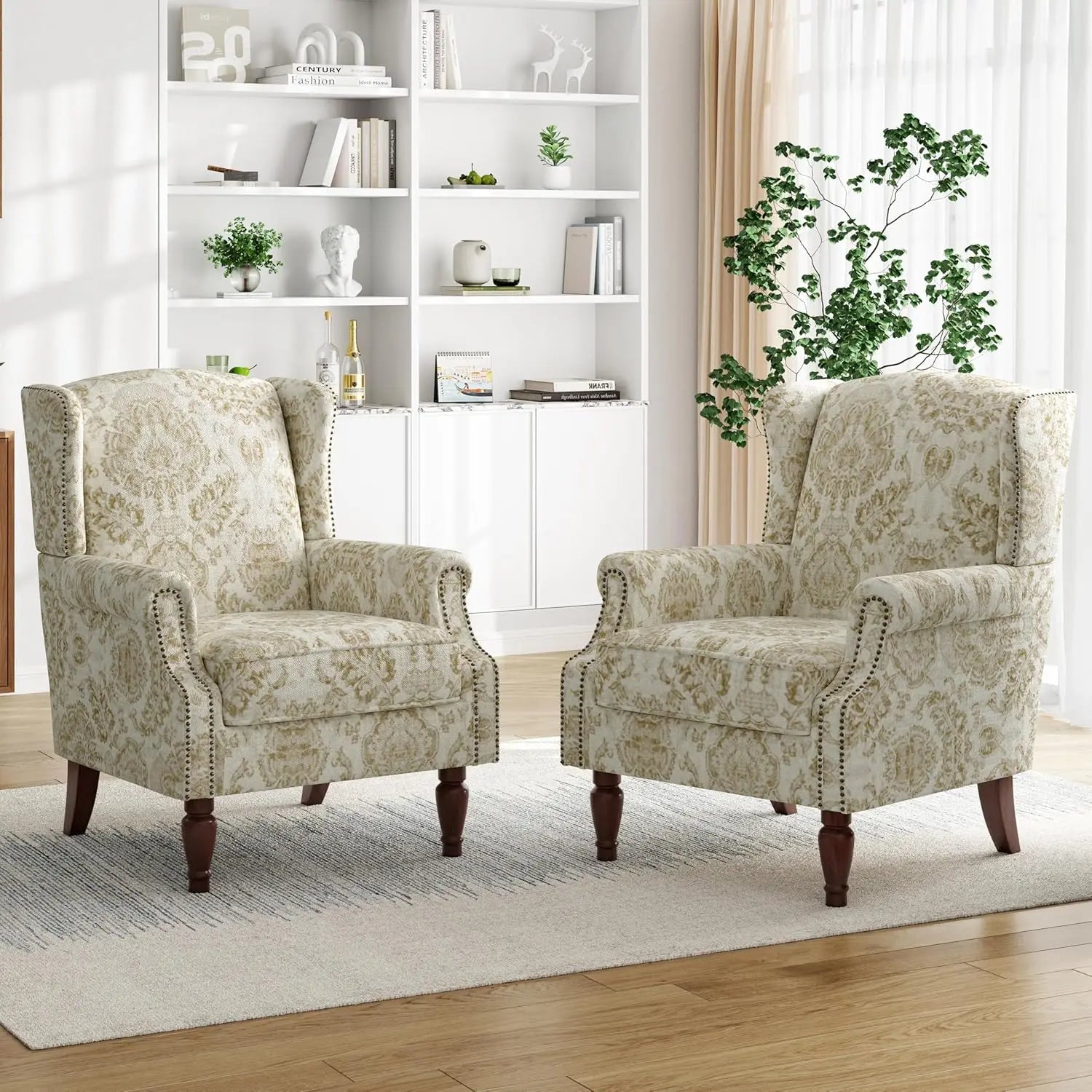 Floral Accent Chairs – Set of 2 High-Back Retro Wingback Armchairs