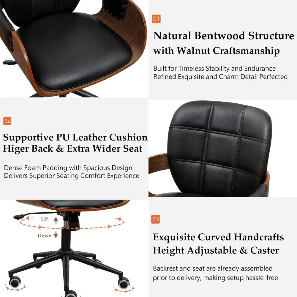 Ergonomic Walnut Desk Chair with Adjustable Height and Caster Wheels, Featuring Curved Back and Arms, Faux Leather Upholstery